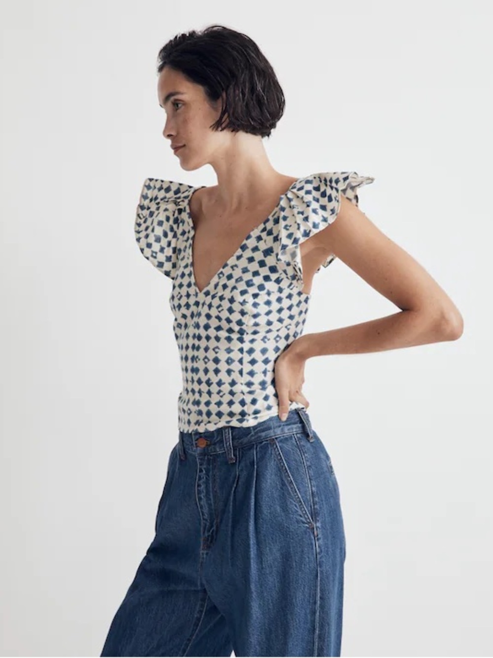 Madewell 100% Cotton Blue Ivory Shibori-Print V-Back Flutter Straps Top Size 0